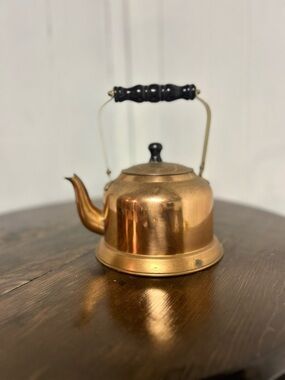Vintage Copper Stovetop Teakettle with Black Wood Handle